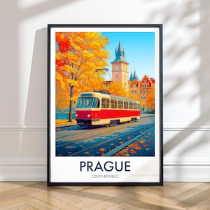 Stampa della città di Praga - Poster di viaggio illustrato del tram a Praga, Repubblica Ceca / Viaggi urbani, arte europea, Repubblica Ceca, decorazioni autunnali,
