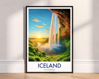 Seljalandfoss Waterfall Sunset Print: Iceland Travel Poster