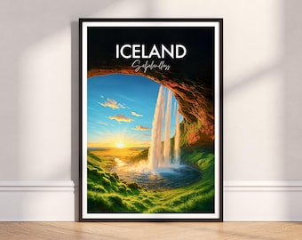 Seljalandfoss Waterfall Sunset Wall Art: Iceland Modern Travel Poster