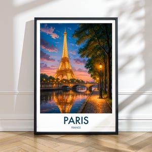 Stampa al tramonto sulla Torre Eiffel - Poster di viaggio illustrato di Parigi, Francia / Arte elegante, paesaggio urbano, momenti al crepuscolo, arte murale, regalo di Parigi, città