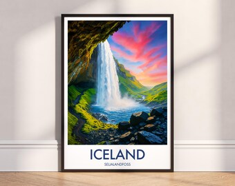 Seljalandsfoss Waterfall Dusk Print: Iceland Travel Poster