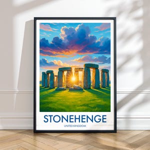 Stampa di Stonehenge - Poster di viaggio illustrato del Wiltshire, Regno Unito / Arte del patrimonio britannico, decorazione di monumenti iconici, stampa murale del Regno Unito