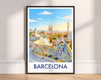 Barcelona Stadt Print: Park Güell & Sagrada Familia, Spanien Reiseplakat