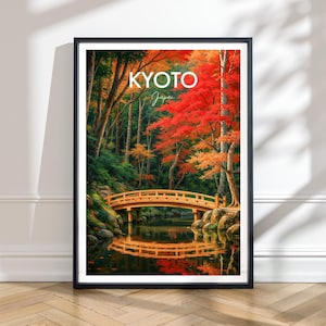 Kyoto Bridge Print, Japanische Brücke Kunst, Herbst Wanddekoration, Ahornblätter, Reise Poster Japan, Ruhiger Zen Home Akzent