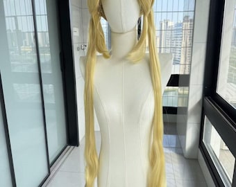 Peluca larga y lisa de color amarillo brillante con flequillo con borlas y coletas, para cosplay.