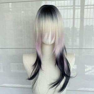 Peluca degradada rosa y negra / Peluca lisa de longitud media para cosplay. Regalo para el Día de la Madre.