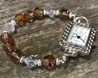Brown and Clear Swarovski bracelet Watch with silver lobster claw clasp