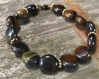 Multi-colored Jasper Gemstone Bracelet with bronze spacers and lobster claw