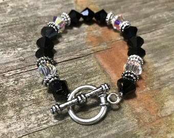 Black and Clear Swarovski bracelet with silver toggle
