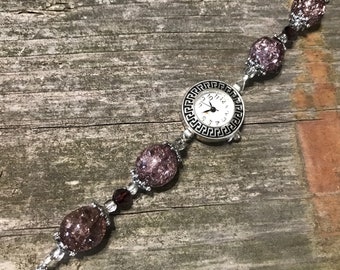 Purple Crackle Bead and Purple Swarovski bracelet Watch with silver screw clasp