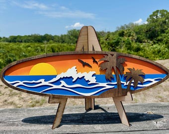 Wooden Surfboard Wall Art – Tropical Beach Decor with Sunset, Waves & Palm Trees - 23&quot;