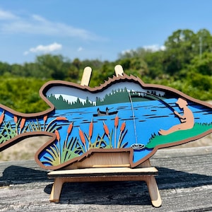 Wooden Fish Wall Art – Lake Fishing Scene Decor with Nature Silhouette Cutout