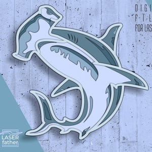 Cabeça de martelo SVG em camadas 3D, arte de animais do oceano, design de tubarão, artesanato Xtool, Cricut, vetores para máquinas de corte a laser, formatos cdr dxf eps ai