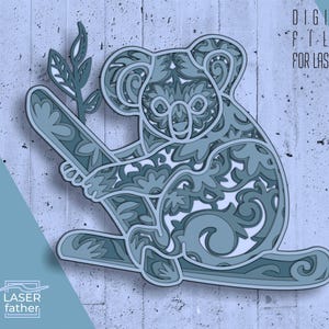 3D-gelaagde SVG-koala, vectoren voor lasersnijmachines, jungle dierenkunst, CNC-ontwerp, Glowforge-ambachten, cdr dxf eps ai-indelingen