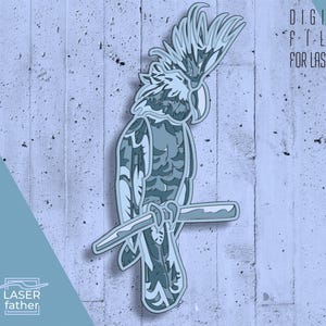 Papagaio SVG em camadas 3D, vetores para máquinas de corte a laser, formatos cdr dxf eps ai, design Glowforge, arte de pássaros tropicais, recorte de madeira