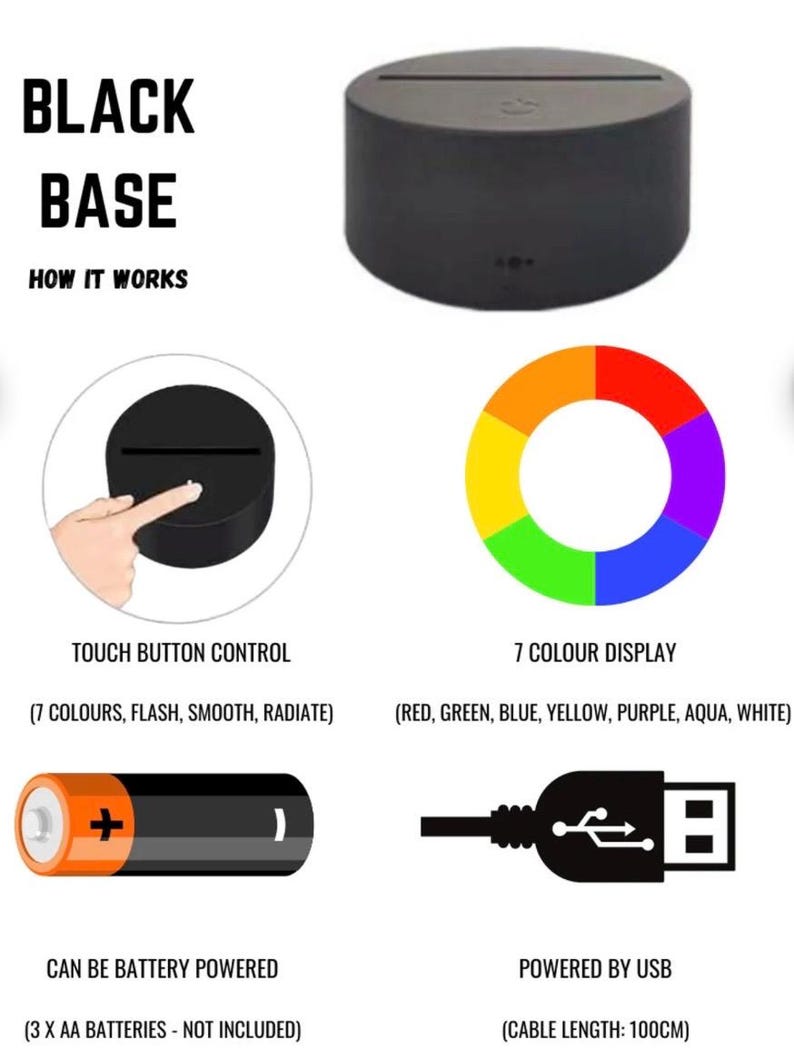 Puede incluir: Una base negra con el texto "BLACK BASE" y "HOW IT WORKS". La base tiene un control t&aacute;ctil y una pantalla de 7 colores. Puede funcionar con pilas o por USB. La longitud del cable USB es de 100 cm.