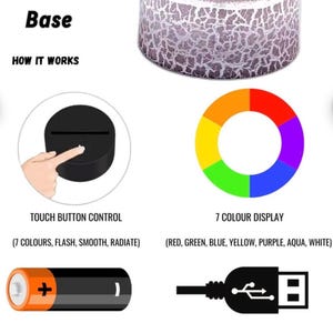 Puede incluir: L&aacute;mpara cil&iacute;ndrica con dise&ntilde;o de base agrietada, control t&aacute;ctil y pantalla de 7 colores. Puede funcionar con bater&iacute;a o USB con un cable de 100cm. La l&aacute;mpara muestra rojo, verde, azul, amarillo, morado, aguamarina y blanco.