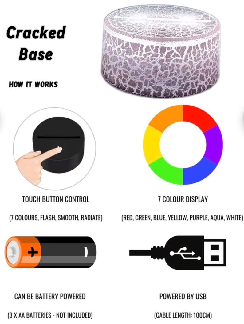 Puede incluir: L&aacute;mpara cil&iacute;ndrica con dise&ntilde;o de base agrietada, control t&aacute;ctil y pantalla de 7 colores. Puede funcionar con bater&iacute;a o USB con un cable de 100cm. La l&aacute;mpara muestra rojo, verde, azul, amarillo, morado, aguamarina y blanco.
