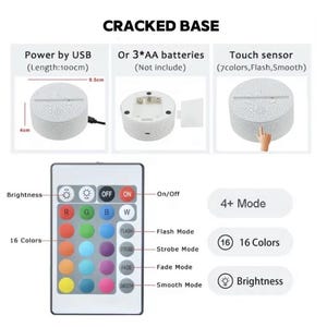 May include: A cracked base LED light with a USB power cord (100cm). Features include a touch sensor, 16 colors, and multiple modes. The remote control offers brightness adjustment and various lighting effects. The base measures 9.5cm in diameter and 4cm in height.