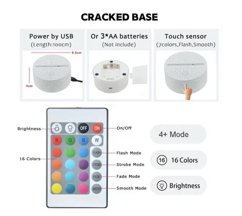 May include: A cracked base LED light with a USB power cord (100cm). Features include a touch sensor, 16 colors, and multiple modes. The remote control offers brightness adjustment and various lighting effects. The base measures 9.5cm in diameter and 4cm in height.