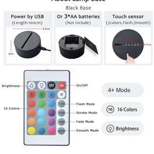 May include: Diagram of a black lamp base with a USB power option (100cm length) and battery option. Includes a remote control with 16 color options, brightness control, and various modes. The base has a touch sensor.
