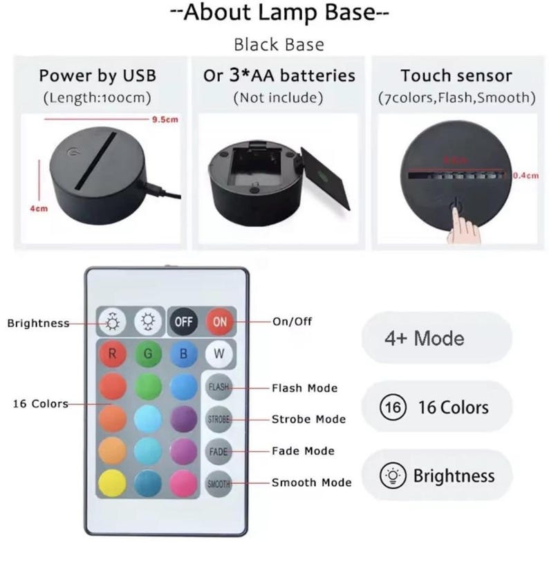 May include: Diagram of a black lamp base with a USB power option (100cm length) and battery option. Includes a remote control with 16 color options, brightness control, and various modes. The base has a touch sensor.