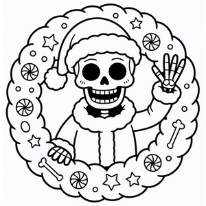 May include: A black and white illustration of a skeleton wearing a Santa hat and coat, surrounded by a wreath of stars, candies, and bones. The skeleton is smiling and holding up three fingers.