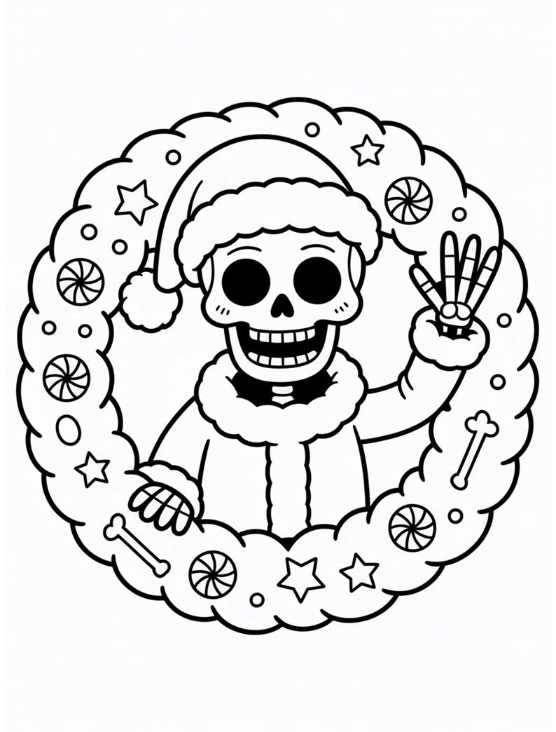 May include: A black and white illustration of a skeleton wearing a Santa hat and coat, surrounded by a wreath of stars, candies, and bones. The skeleton is smiling and holding up three fingers.