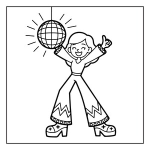 May include: Black and white illustration of a person dancing with arms raised, wearing a jumpsuit and platform shoes. A disco ball hangs above the person. The person is smiling and giving a thumbs up.