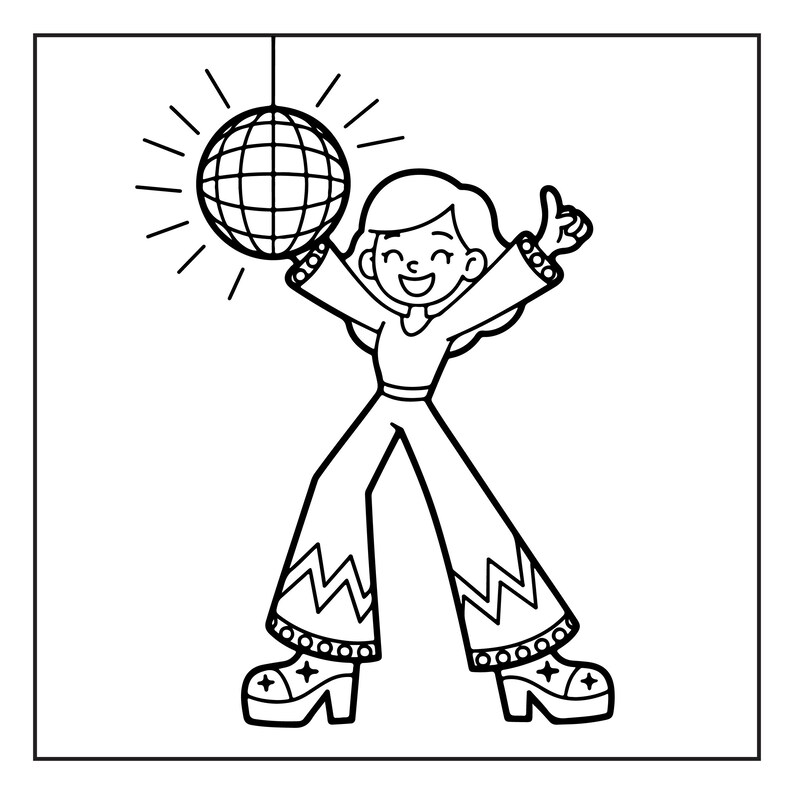 May include: Black and white illustration of a person dancing with arms raised, wearing a jumpsuit and platform shoes. A disco ball hangs above the person. The person is smiling and giving a thumbs up.
