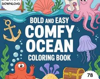 Libro para colorear "Acogedor océano" de 78 páginas en PDF para niños y adultos. Páginas llamativas y fáciles de imprimir. Descarga instantánea.
