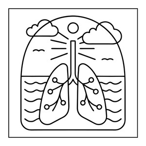 May include: Black and white line art illustration of lungs, clouds, and sun. The design features a stylized representation of the lungs with branching structures, clouds, and a sun, all within a rectangular frame. The image evokes a sense of nature and health.