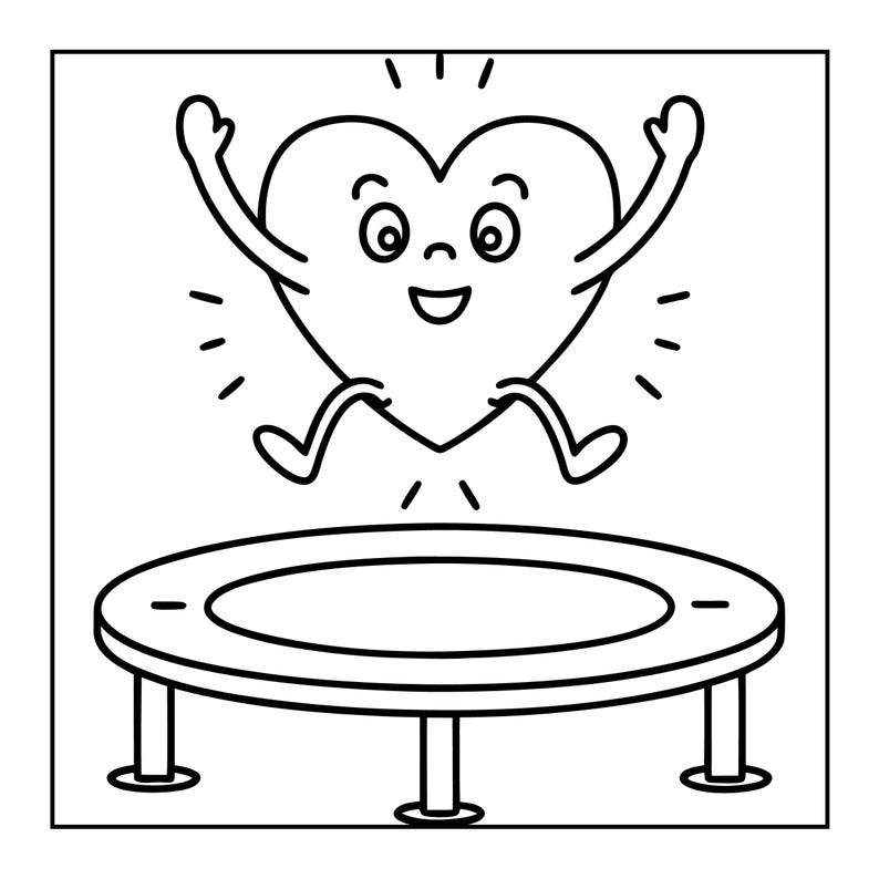 May include: A black and white cartoon illustration of a heart character jumping on a trampoline. The heart has a smiling face, arms raised, and legs bent as it bounces. The trampoline is round with four legs.