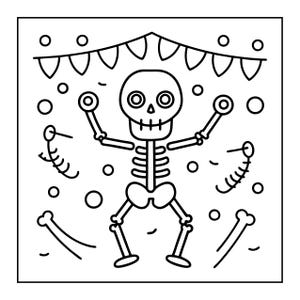 May include: Black and white illustration of a dancing skeleton with a festive banner overhead. The skeleton is surrounded by circles and bone elements, creating a playful and celebratory design. Perfect for Day of the Dead or Halloween themes.
