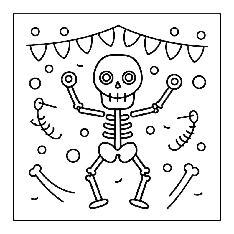May include: Black and white illustration of a dancing skeleton with a festive banner overhead. The skeleton is surrounded by circles and bone elements, creating a playful and celebratory design. Perfect for Day of the Dead or Halloween themes.