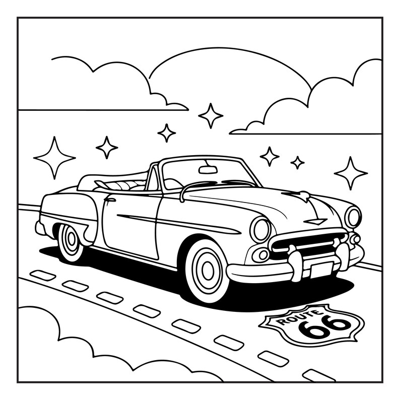 May include: Black and white line art of a classic convertible car with the top down, driving on Route 66. The image includes clouds, stars, and the Route 66 sign.