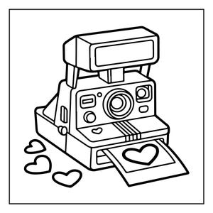 May include: Black and white illustration of a vintage instant camera with a photo featuring a heart shape emerging from the slot. Three heart shapes are next to the camera. The camera has a flash and several buttons.