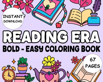 Reading Era Coloring Book PDF Bold and Easy Bookish Pages 67 Page Instant Download Coloring Pages for Kids and Adults