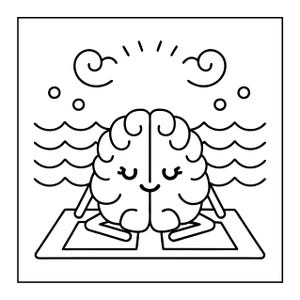 May include: A black and white line drawing of a brain meditating on a yoga mat. The brain has a smiling face and is surrounded by water, bubbles, and sun rays. The image is a cartoon illustration.
