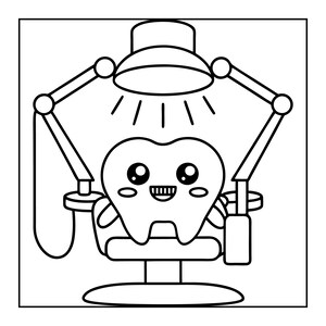 May include: Black and white cartoon illustration of a tooth character in a dentist's chair under a lamp. The tooth has large eyes and a smiling mouth. The dental chair and lamp are also illustrated.