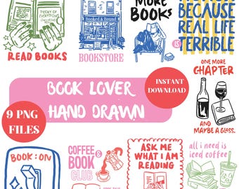 Op de afbeelding: Een verzameling handgetekende illustraties met een boeken thema. De afbeeldingen bevatten tekst als "Read More Books", "Book Lover" en "Fiction Because Real Life is Terrible". Andere afbeeldingen tonen een boekhandel, koffie en wijn.