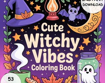 Livro de colorir com vibe de bruxa fofa, 53 páginas, para colorir no Halloween, para crianças e adultos, em negrito e fácil, PDF para download instantâneo.