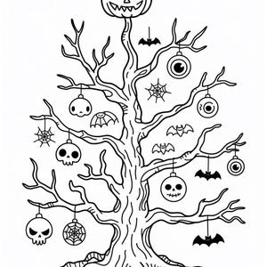 May include: A black and white Halloween-themed illustration of a tree decorated with spooky ornaments. The tree is topped with a carved pumpkin and adorned with bats, spiderwebs, and skull-shaped ornaments. The tree's branches are bare, creating a spooky atmosphere.