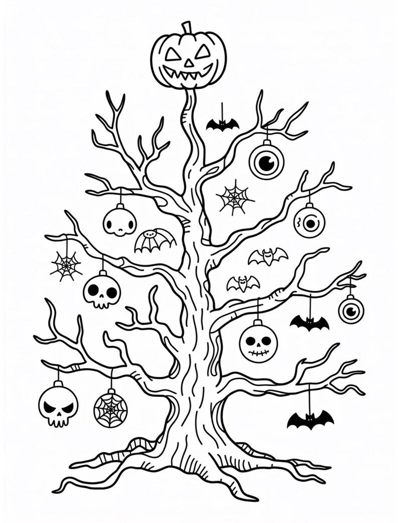 May include: A black and white Halloween-themed illustration of a tree decorated with spooky ornaments. The tree is topped with a carved pumpkin and adorned with bats, spiderwebs, and skull-shaped ornaments. The tree's branches are bare, creating a spooky atmosphere.