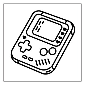 May include: Black and white line art illustration of a handheld video game console. The console features a screen, directional pad, buttons, and heart symbols. The design is simple and graphic, suitable for retro gaming enthusiasts.