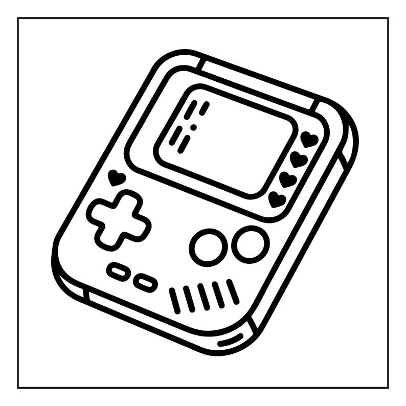 May include: Black and white line art illustration of a handheld video game console. The console features a screen, directional pad, buttons, and heart symbols. The design is simple and graphic, suitable for retro gaming enthusiasts.
