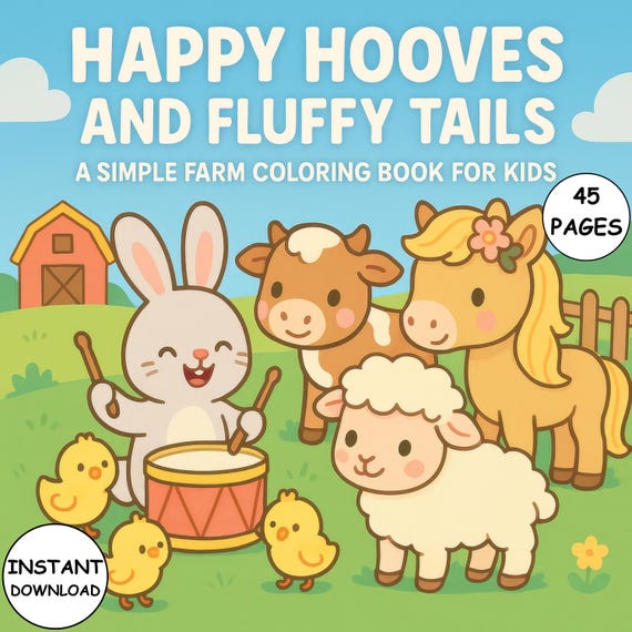 Happy Hooves & Fluffy Tails Coloring Book Bold Easy Farm Pages Cute Animal Coloring for Kids PDF Instant Download