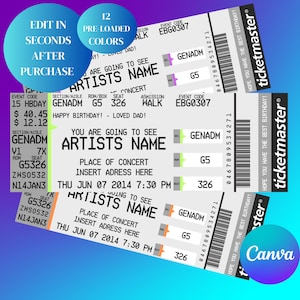 Puede incluir: Tres entradas de concierto sobre un fondo azul degradado. Las entradas muestran "ARTISTS NAME", "PLACE OF CONCERT" y "THU JUN 07 2014 19:30". Las entradas también tienen el logotipo de Ticketmaster y un código de barras.