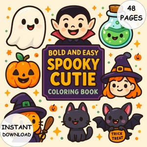 Spooky Cutie Coloring Book 48 Pages Bold and Easy Halloween Coloring for Kids and Adults PDF Instant Download