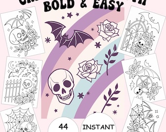 Libro para colorear de calaveras terroríficas, 44 páginas, estilo gótico pastel para adultos, PDF imprimible, descarga instantánea.